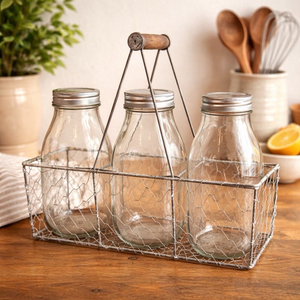 Vintage Glass Milk Bottles Wire Basket Trio Farmhouse Kitchen Decor
